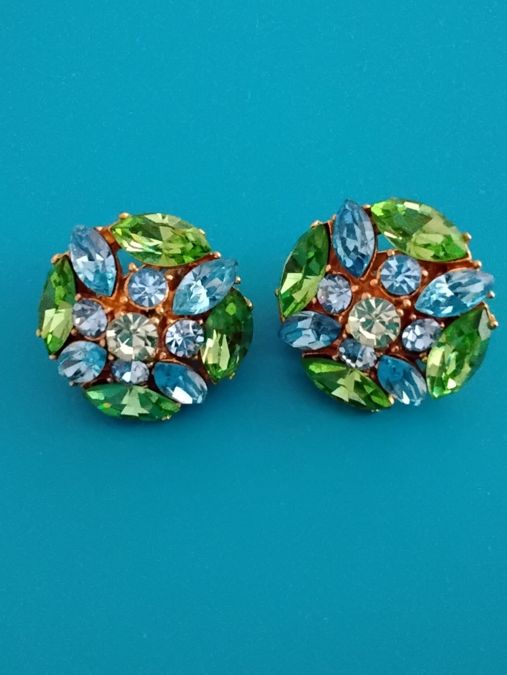 Vintage Clip-on Earrings W/ Green,Light, and Clear Rhinestones